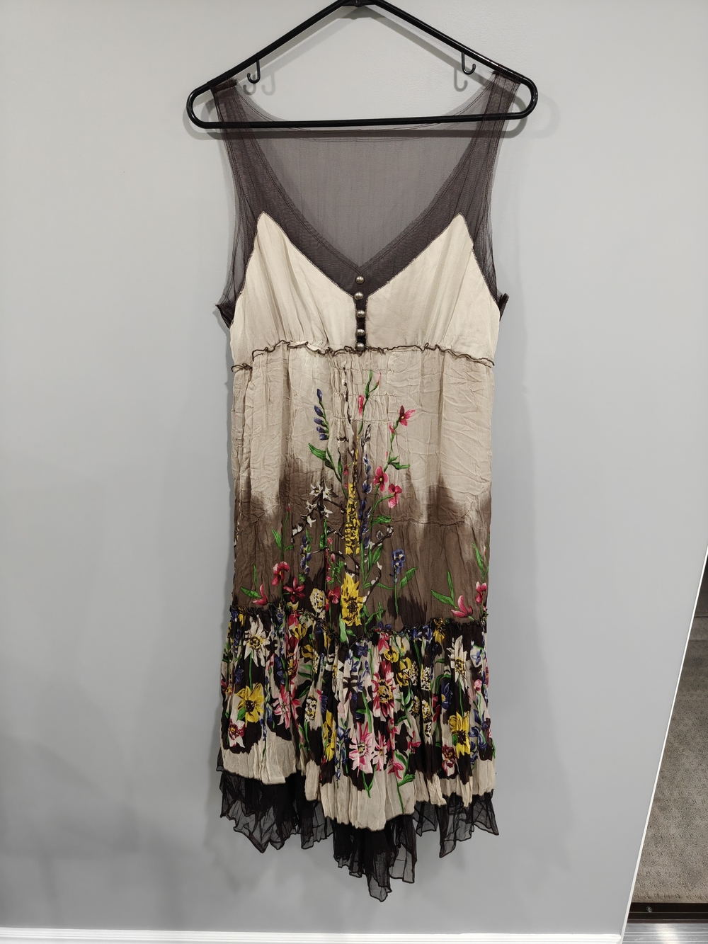 BCBGMaxAzria Silk Tulle Cream and Brown Floral Tiered Midi Dress Size L